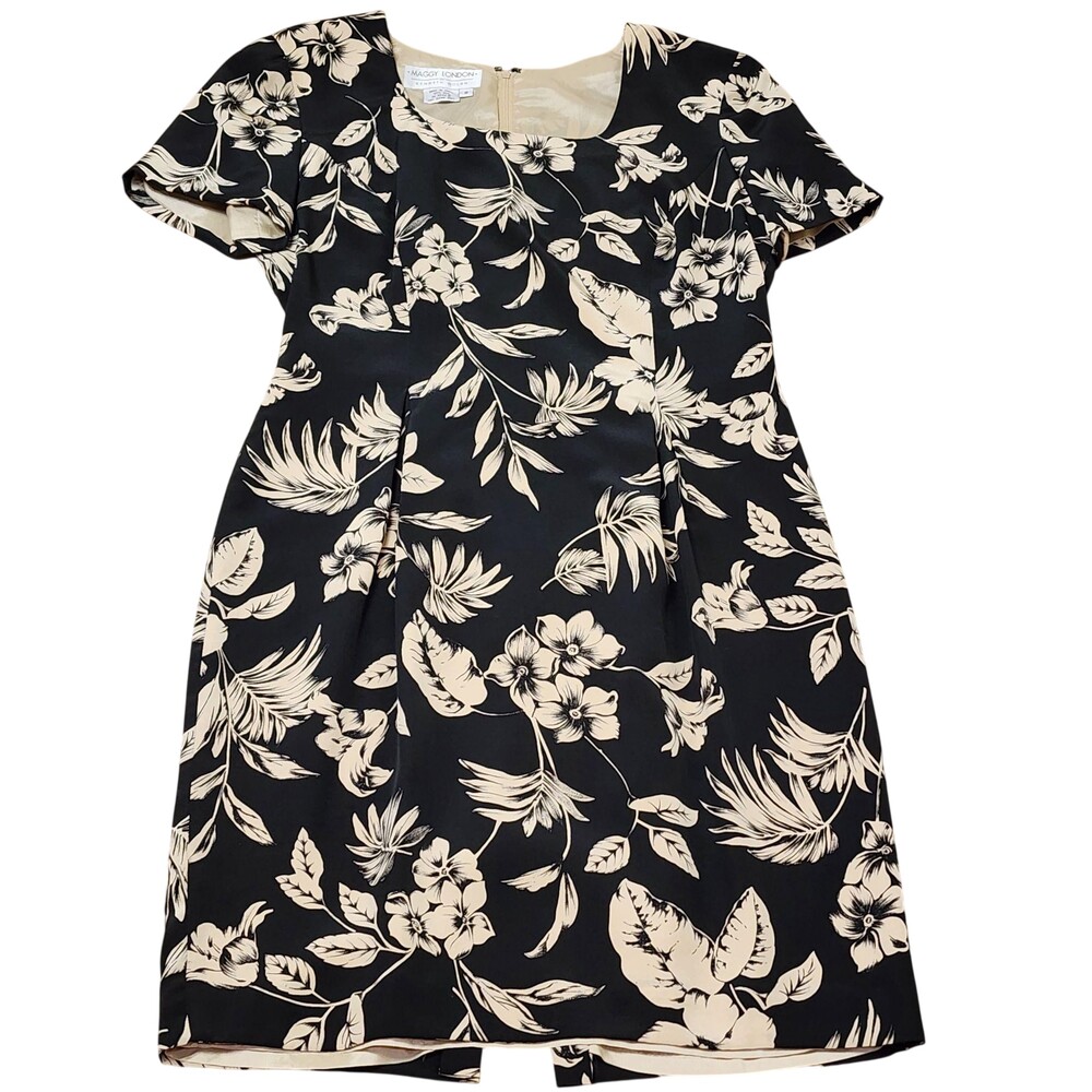 Maggy London Dress Womens 8 Black Floral Silk Scoop Neck Short Sleeve Lined
